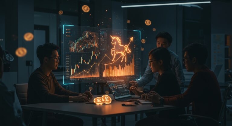 Fundadores de startups de IA revisando valuaciones duales y métricas de financiamiento para alcanzar estatus unicornio en un entorno tecnológico avanzado.