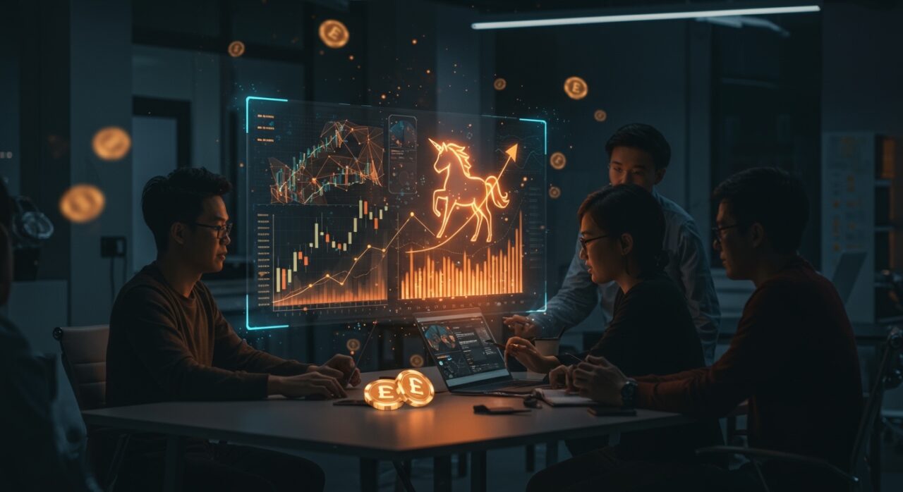 Fundadores de startups de IA revisando valuaciones duales y métricas de financiamiento para alcanzar estatus unicornio en un entorno tecnológico avanzado.