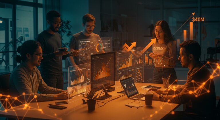 Startup IA en etapa seed mostrando valuaciones récord y colaboración intensa con tecnología avanzada y símbolos de inversión en 2026.