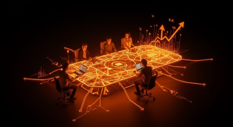 Startup IA colaborando en mesa futurista con flujos de inversión y tecnología en LATAM para venture capital 2026.