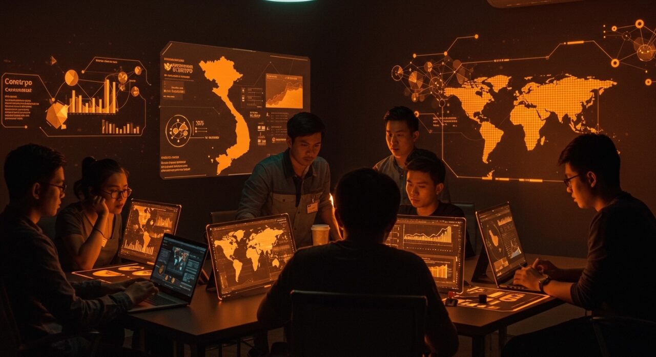 Grupo de emprendedores colaborando en un ecosistema tecnológico vibrante que conecta la innovación de startups entre Vietnam y LATAM.