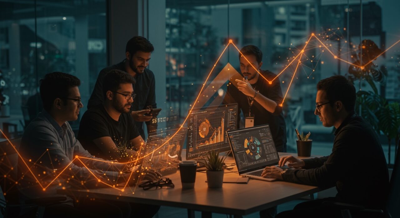 Startup latinoamericanas colaborando en innovación tecnológica con IA y fintech en un ecosistema tech dinámico.