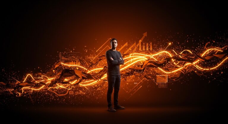 Startup proentrópica representando la resiliencia y crecimiento en entornos caóticos con adaptabilidad e innovación tecnológica.