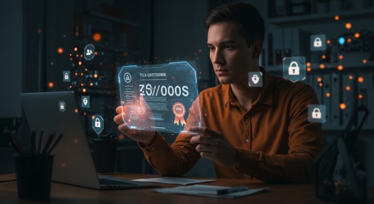 Fundador analizando certificados TLS con cuenta regresiva, simbolizando cambios en seguridad informática y cumplimiento para startups en 2026.