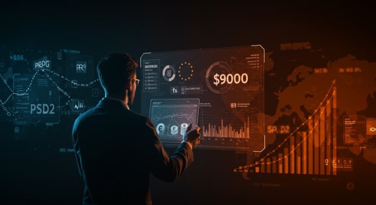 Fundador de startup SaaS europeo frente a pantalla holográfica mostrando retención de fondos y riesgos bajo regulación PSD2 con estilo Ecosistema Startup.