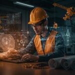 Ingeniero mecánico diseñando con IA aplicada en construcción en un entorno de startup innovadora de Y Combinator.