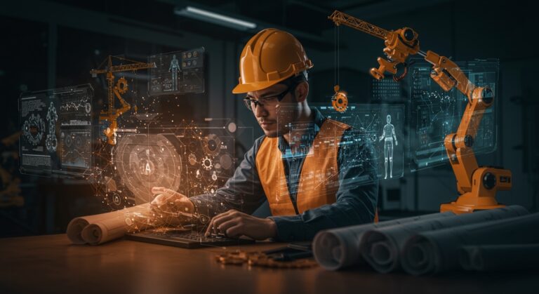 Ingeniero mecánico diseñando con IA aplicada en construcción en un entorno de startup innovadora de Y Combinator.