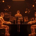 Visualización de 3 sub-agentes IA especializados colaborando para automatización y escalabilidad en operaciones de startups usando arquitectura multi-agente.