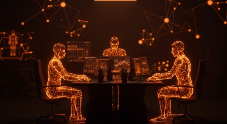 Visualización de 3 sub-agentes IA especializados colaborando para automatización y escalabilidad en operaciones de startups usando arquitectura multi-agente.