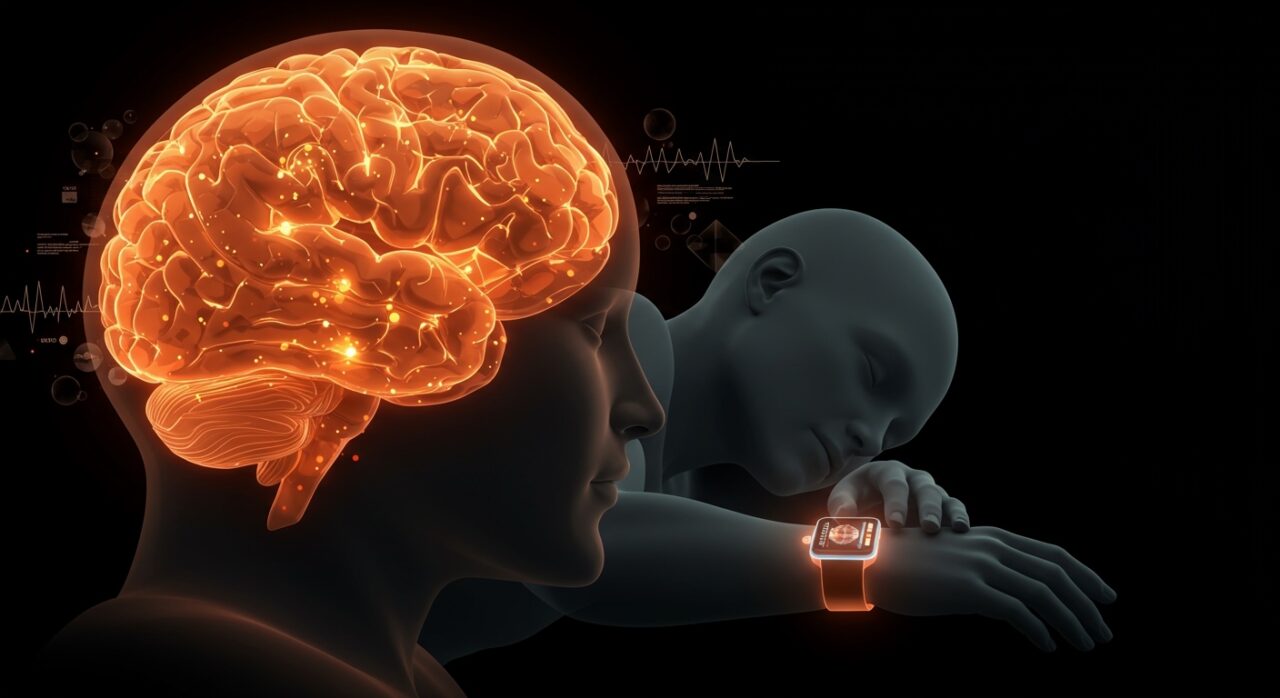 Sueños prodrómicos y neurociencia del sueño representados con un cerebro iluminado y tecnología wearable para salud digital.