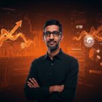 Retrato editorial de Sundar Pichai con gráficos digitales y flechas ascendentes que ilustran su compensación ejecutiva y liderazgo en tecnología.