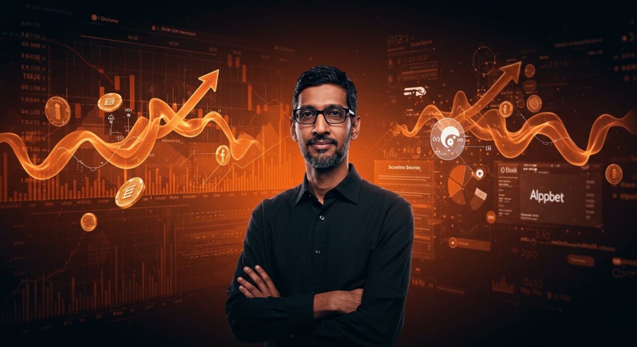 Retrato editorial de Sundar Pichai con gráficos digitales y flechas ascendentes que ilustran su compensación ejecutiva y liderazgo en tecnología.