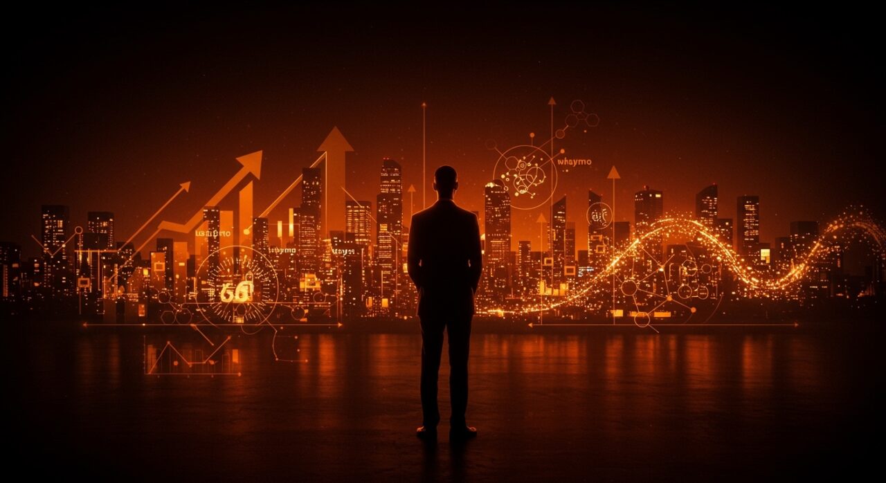 Retrato de Sundar Pichai con ciudad digital futurista en tonos naranja y negro, simbolizando su paquete de compensación y liderazgo en tecnología.