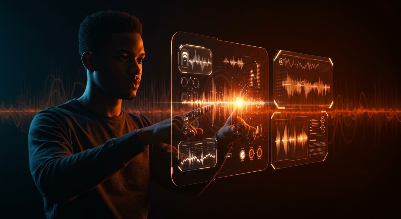 Founder tecnológico interactuando con interfaz futurista que muestra personalización y modelos de música IA en un entorno digital en tonos naranja y negro.