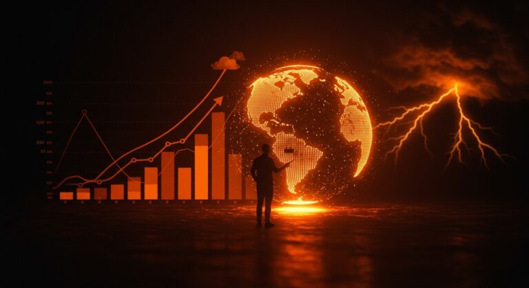 Visualización del super El Niño 2027 con impactos de calentamiento global y tendencias climáticas para startups en LATAM.