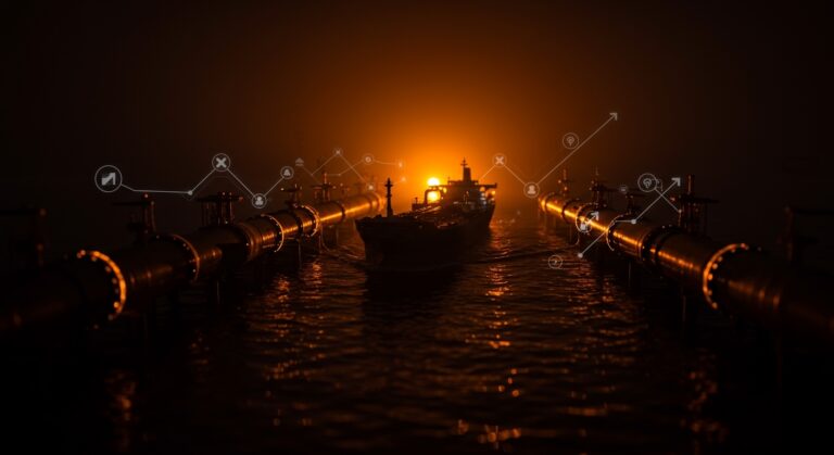 Estrecho de Hormuz con petroleros y rutas alternativas visualizadas, ilustrando riesgos y crisis energética global.