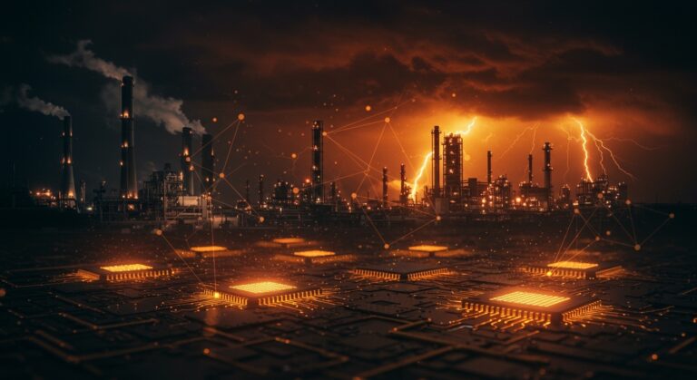 Planta de fabricación de chips avanzados en Taiwán con metáforas visuales de crisis energética y tecnología innovadora para la cadena de suministro global.