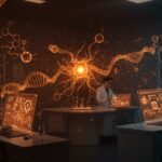 Laboratorio futurista con modelos de inteligencia artificial transformándose en aplicaciones para descubrimiento de fármacos, destacando a Tamarind Bio y su innovación en biotecnología.