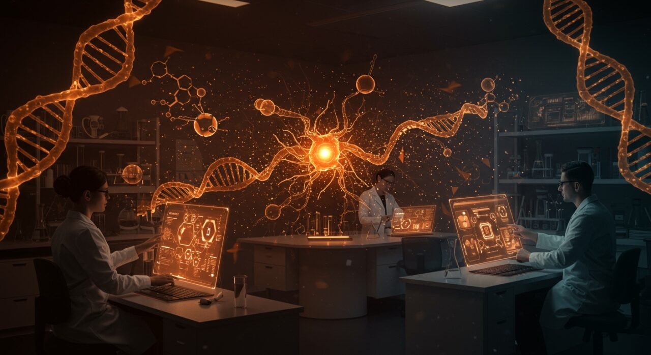 Laboratorio futurista con modelos de inteligencia artificial transformándose en aplicaciones para descubrimiento de fármacos, destacando a Tamarind Bio y su innovación en biotecnología.