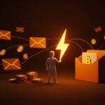 Imagen conceptual de email anti-spam con Bitcoin Lightning mostrando micropagos de satoshis en un inbox digital, destacando innovación fintech y blockchain.