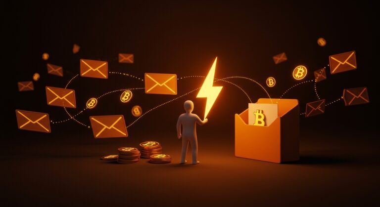 Imagen conceptual de email anti-spam con Bitcoin Lightning mostrando micropagos de satoshis en un inbox digital, destacando innovación fintech y blockchain.
