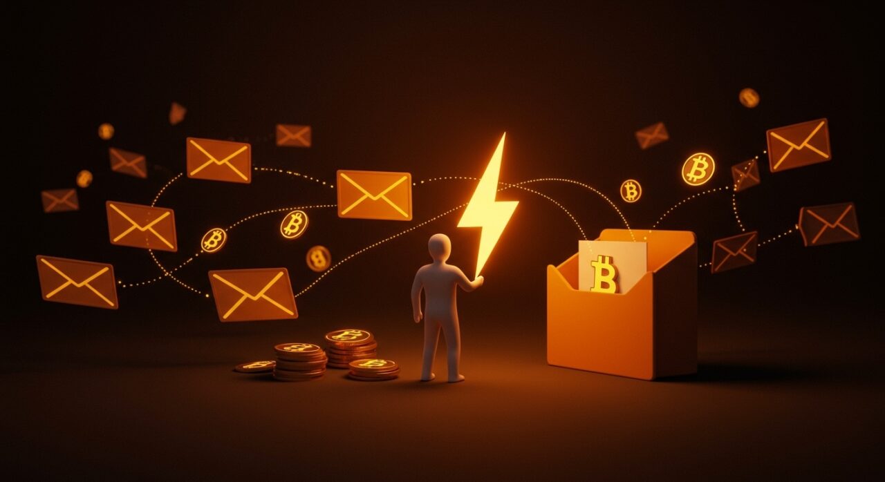Imagen conceptual de email anti-spam con Bitcoin Lightning mostrando micropagos de satoshis en un inbox digital, destacando innovación fintech y blockchain.