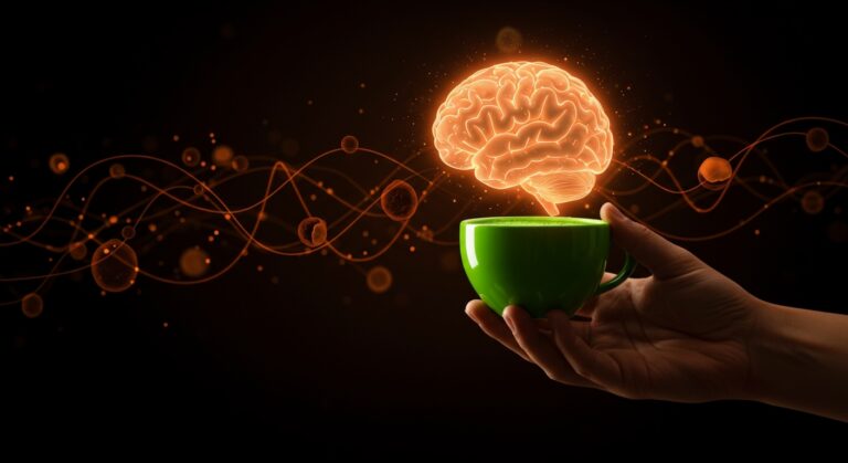 Té matcha impactando positivamente la salud cerebral y modulando respuestas alérgicas, ilustración con elementos biomédicos y antioxidantes en tonos naranja y negro.