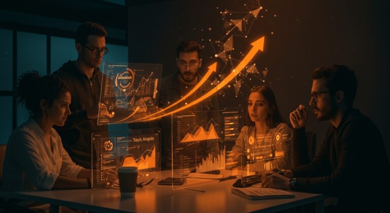 Colaboración de startups tecnológicas y inversores en Galicia representada con interfaces digitales y símbolos de financiación en ecosistema emprendedor.