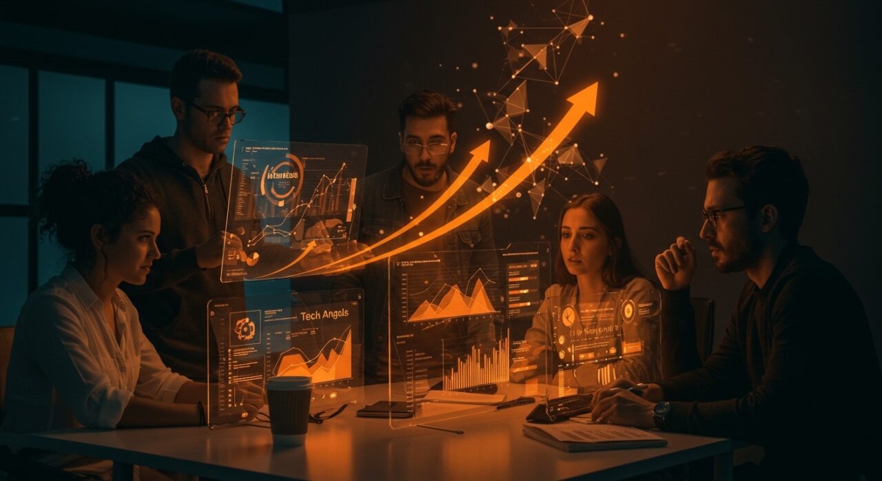 Colaboración de startups tecnológicas y inversores en Galicia representada con interfaces digitales y símbolos de financiación en ecosistema emprendedor.