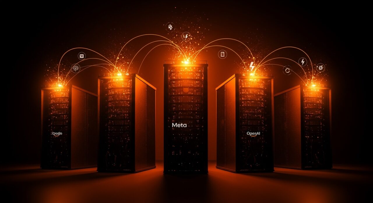 Centros de datos iluminados en naranja y negro representando a Google, Microsoft, Meta, Amazon y OpenAI asumiendo costos de energía para IA y startups tecnológicas.