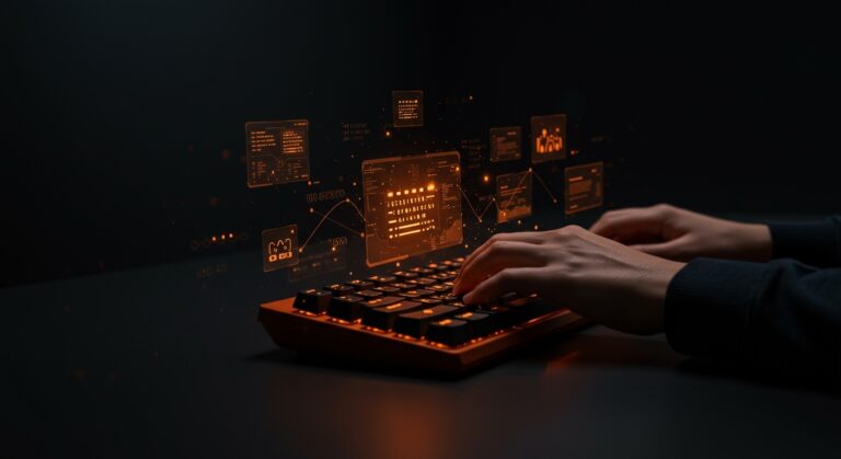 Founder tech utilizando teclado mecánico iluminado, destacando productividad y habilidades tecnológicas en entorno startup.