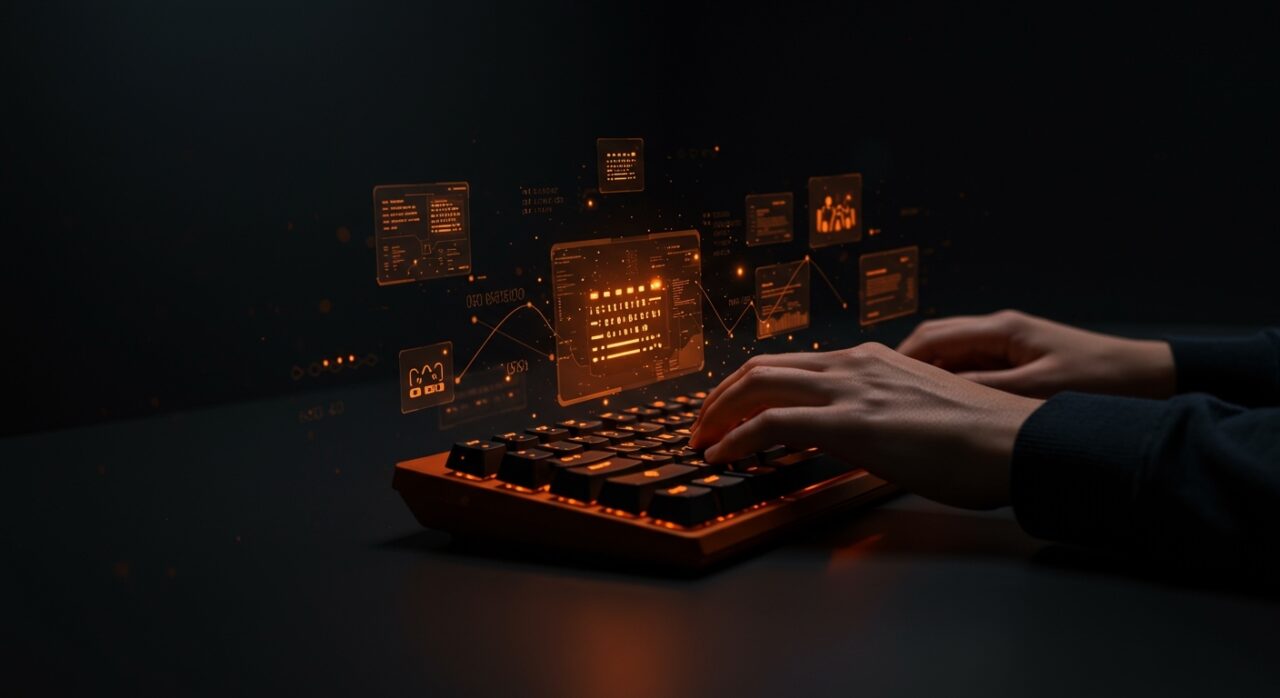 Founder tech utilizando teclado mecánico iluminado, destacando productividad y habilidades tecnológicas en entorno startup.