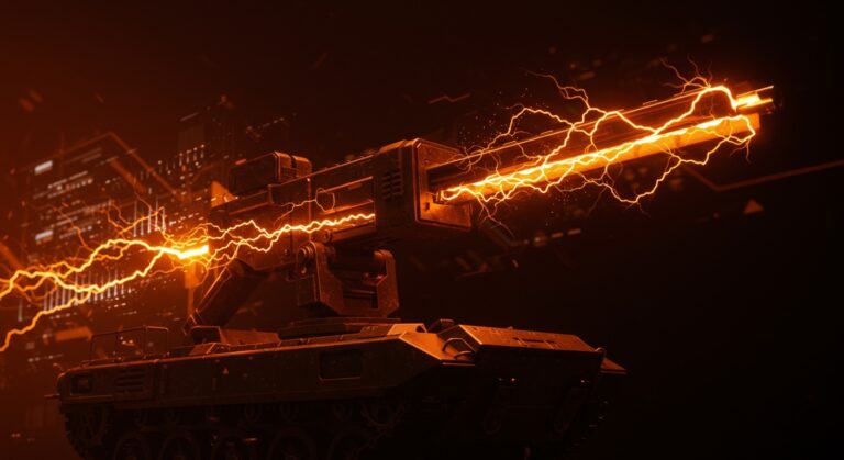 Railgun electromagnético avanzado en plataforma militar, representando la innovación tecnológica y tendencias en armamento de defensa en EEUU.