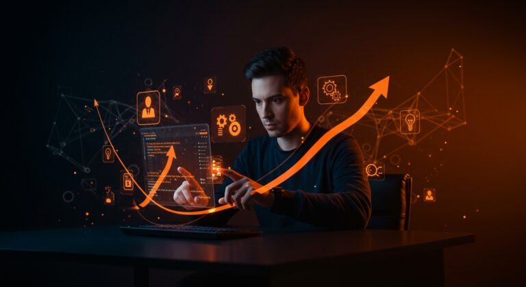 Automatización desde terminal para startups con integraciones DevTools y AI destacada en interface futurista en colores naranja y negro.