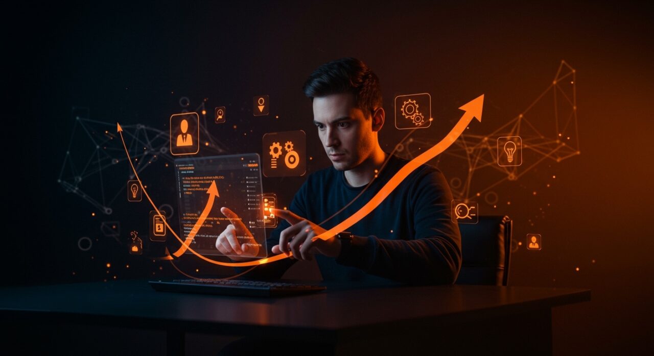 Automatización desde terminal para startups con integraciones DevTools y AI destacada en interface futurista en colores naranja y negro.