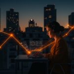 Emprendedora teletrabajando en España con símbolos digitales que representan tendencias y oportunidades del mercado laboral remoto.