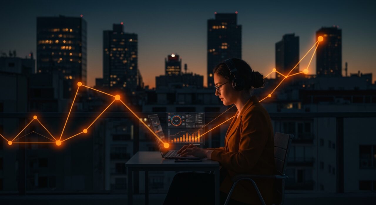 Emprendedora teletrabajando en España con símbolos digitales que representan tendencias y oportunidades del mercado laboral remoto.