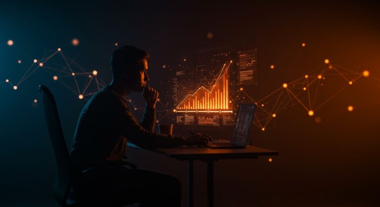 Emprendedor observando un cronograma digital representando tenacidad y crecimiento sostenible en startups y open source.