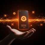 Interfaz futurista de WeChat con agentes de IA autónomos visualizados como nodos interconectados en colores naranja y negro, simbolizando la automatización e inteligencia artificial de Tencent.