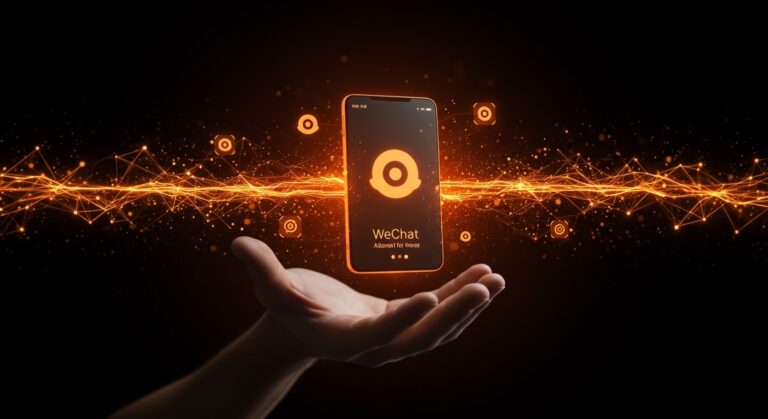 Interfaz futurista de WeChat con agentes de IA autónomos visualizados como nodos interconectados en colores naranja y negro, simbolizando la automatización e inteligencia artificial de Tencent.