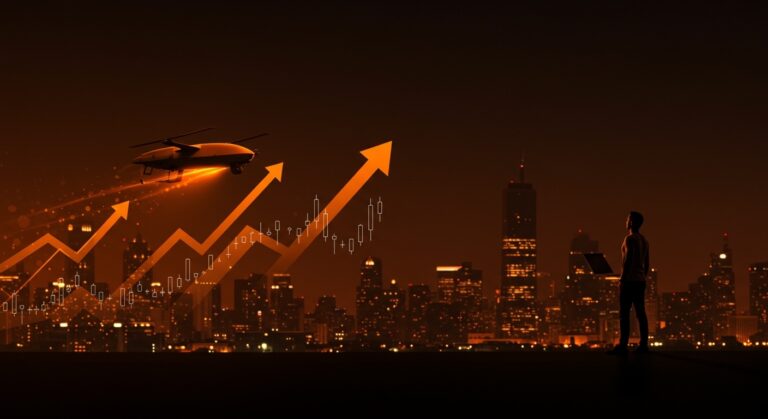 Escena futurista con drone de defensa y emprendedor observando horizonte, simbolizando IPO y tendencias en defense tech para startups.