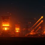 Red eléctrica futurista con reactores de fusión y fisión y tuberías de gas natural, ilustrando tendencias energéticas 2035 e innovación en energía.