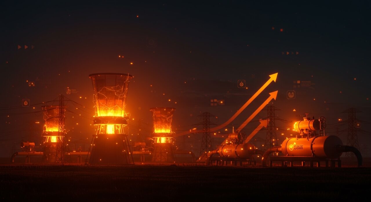 Red eléctrica futurista con reactores de fusión y fisión y tuberías de gas natural, ilustrando tendencias energéticas 2035 e innovación en energía.