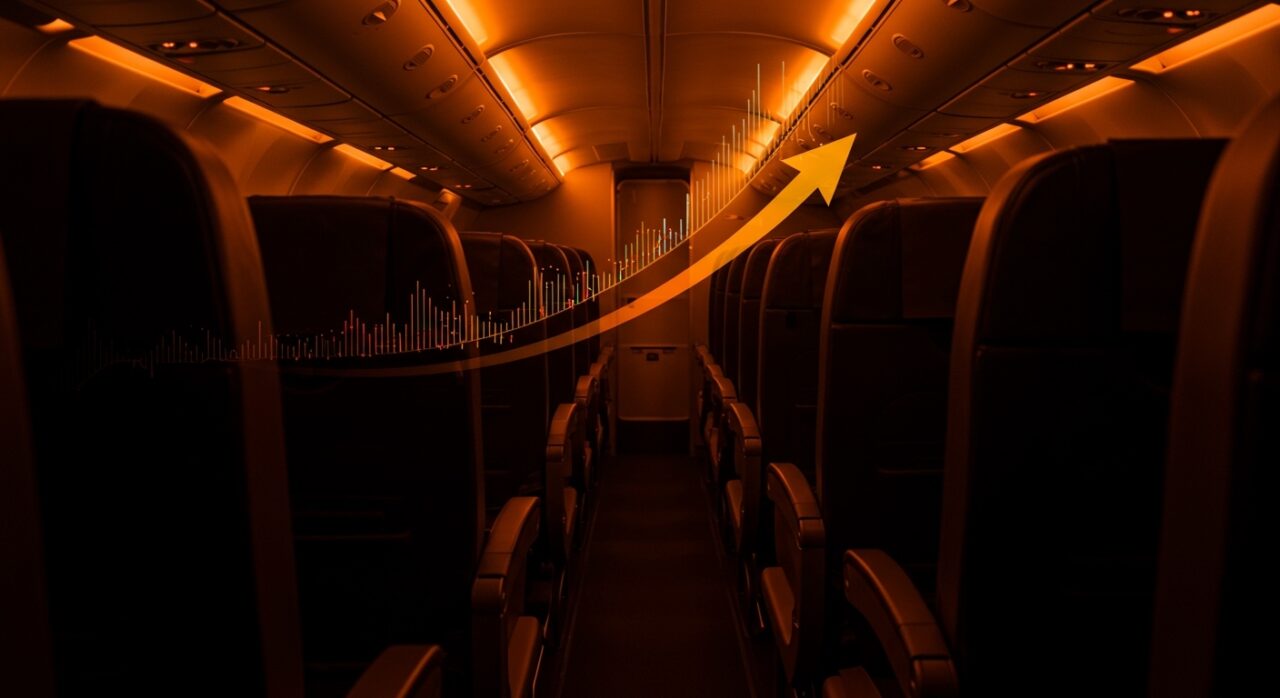 Cabina moderna de avión destacando el auge de los asientos premium y la reducción del espacio en clase turista, reflejando tendencias de rentabilidad en aerolíneas.