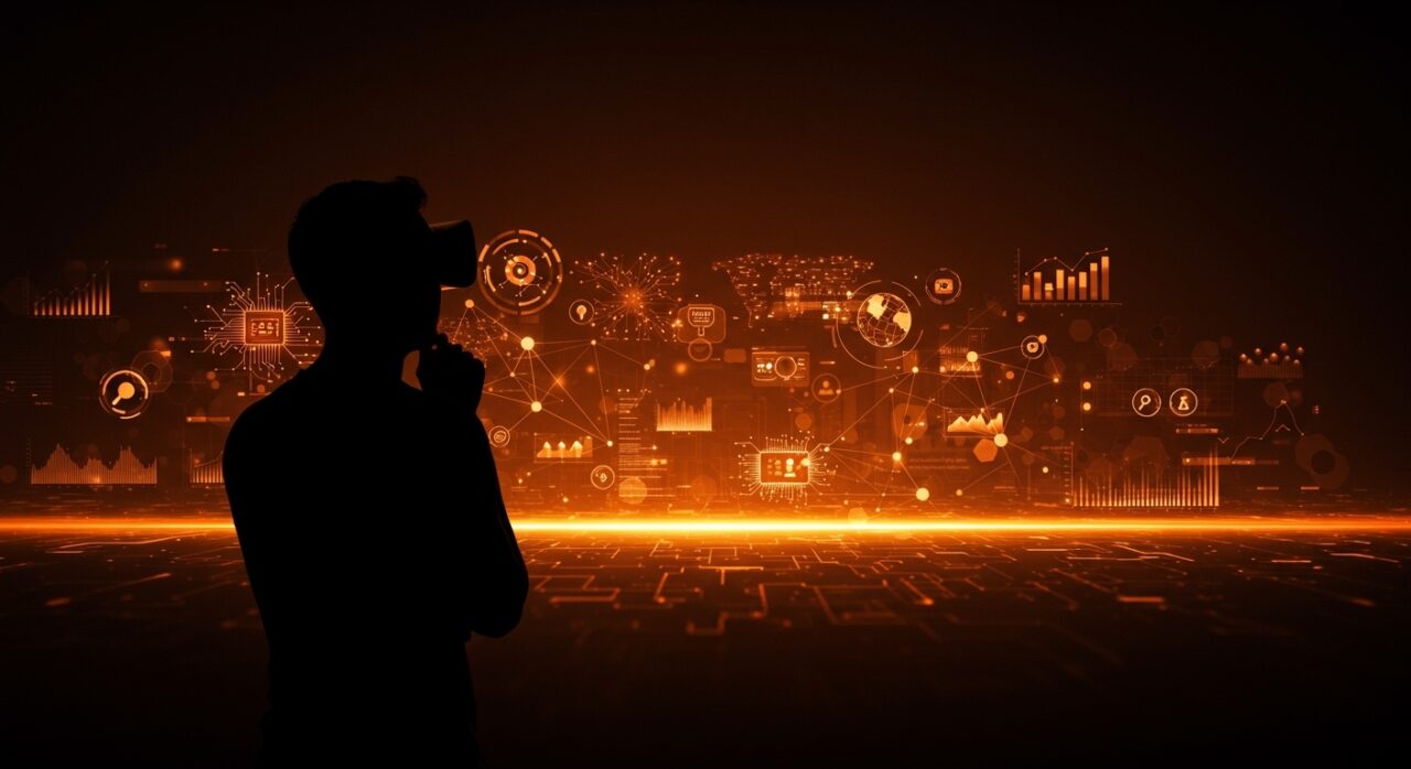 Análisis visual crítico de inteligencia artificial, realidad virtual y metaverso en el contexto de tendencias tecnológicas y startups.