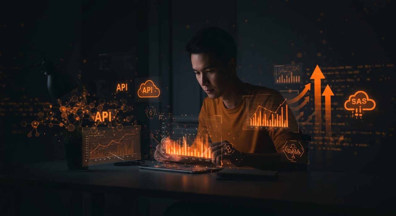 Data engineer trabajando con dataframes y APIs SaaS visualizados mediante estructuras algebraicas inspiradas en teoría de categorías en un ambiente tecnológico moderno.