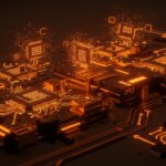 Fábrica futurista de semiconductores TERAFAB de Elon Musk destacada en tonos naranja y negro que simboliza innovación tecnológica y oportunidades para startups LATAM.