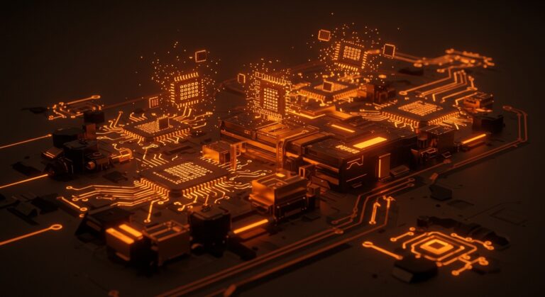 Fábrica futurista de semiconductores TERAFAB de Elon Musk destacada en tonos naranja y negro que simboliza innovación tecnológica y oportunidades para startups LATAM.