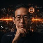 Terence Tao utilizando inteligencia artificial en matemáticas avanzadas con símbolos digitales y redes neuronales en tonalidades naranja y negro.