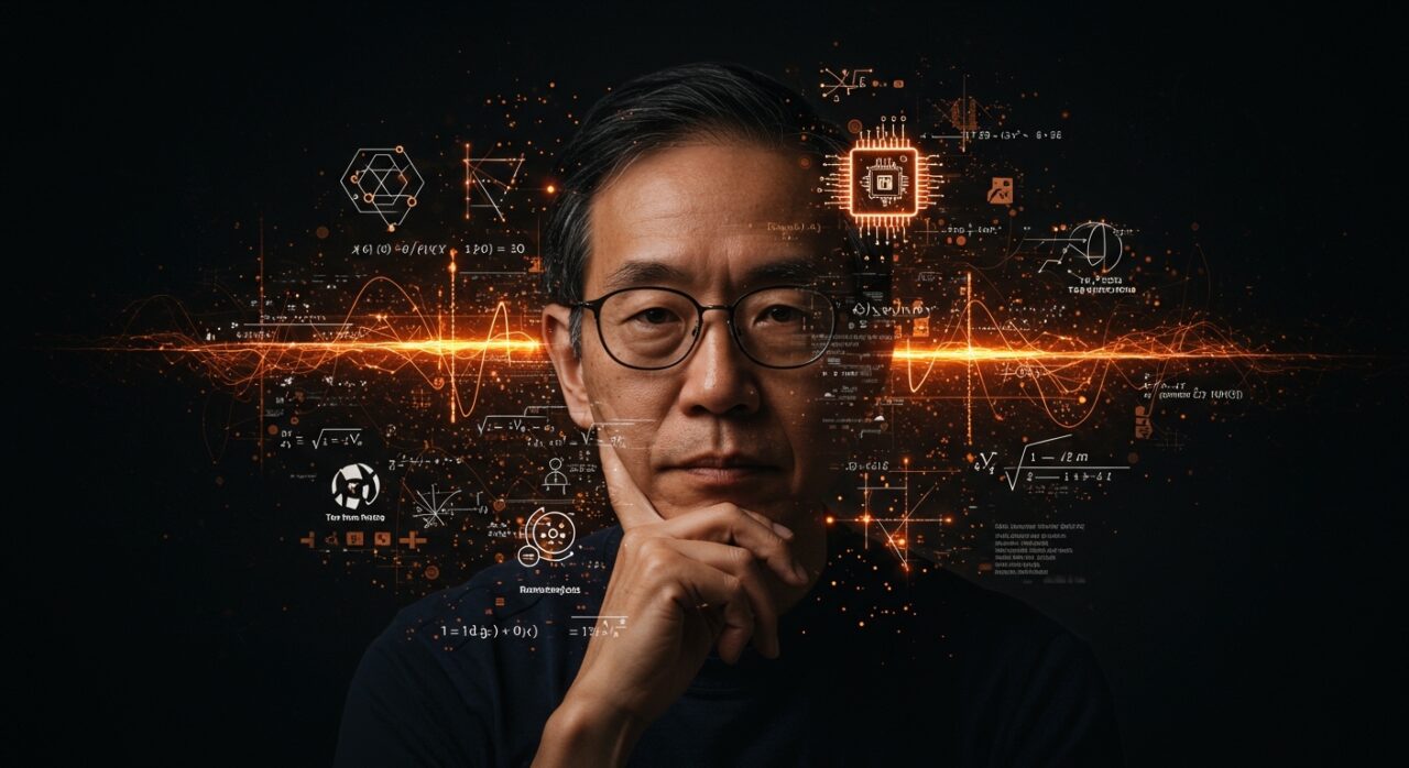 Terence Tao utilizando inteligencia artificial en matemáticas avanzadas con símbolos digitales y redes neuronales en tonalidades naranja y negro.